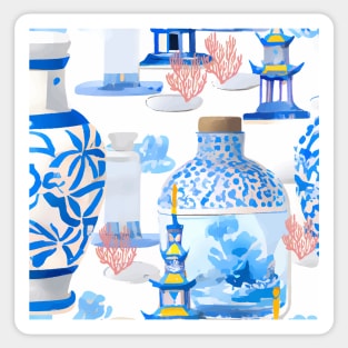 Red corals and chinoiserie jars Sticker